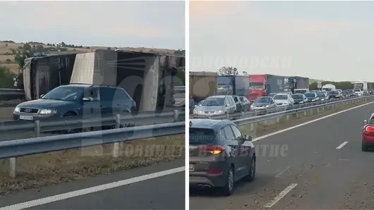 ТИР се преобърна на АМ „Тракия“ край Карнобат, движението е силно затруднено